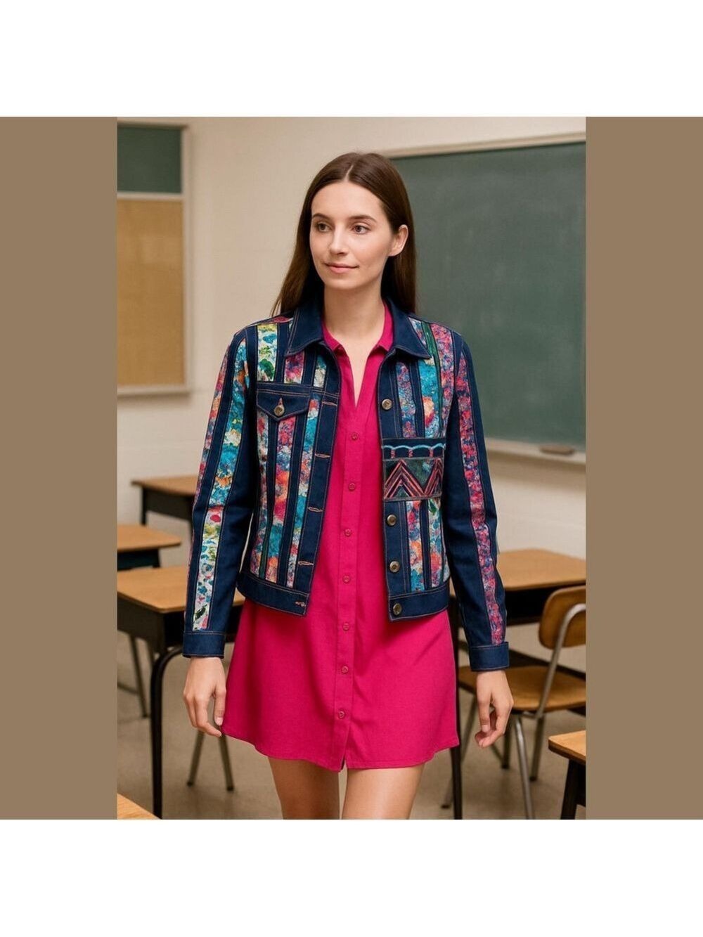 Vintage Floral Denim Jacket Jean patchwork quilted Teachercore cottagecore
